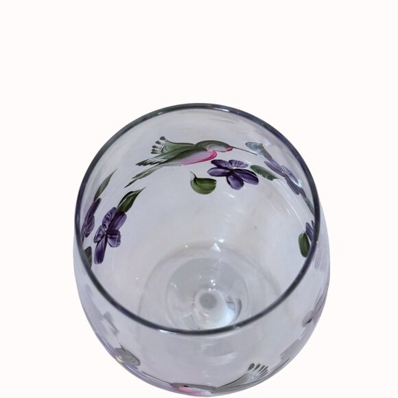 Hand Painted Hummingbird Wine Glass Artistic Purple Violets Stemware Bird Gift - Picture 6 of 14